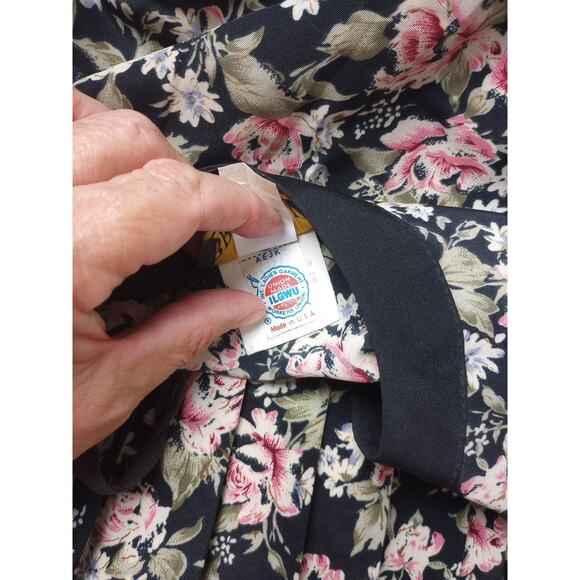 Vintage Dress 14 Large Long Sleeve Pleated Black Pink Flowers Secretary Breli - Picture 9 of 10